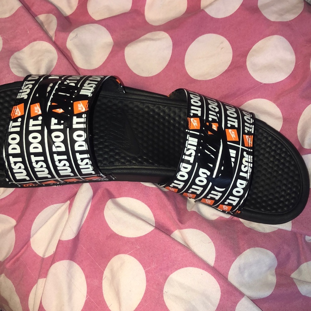 Black/orange just do it Nike slides
